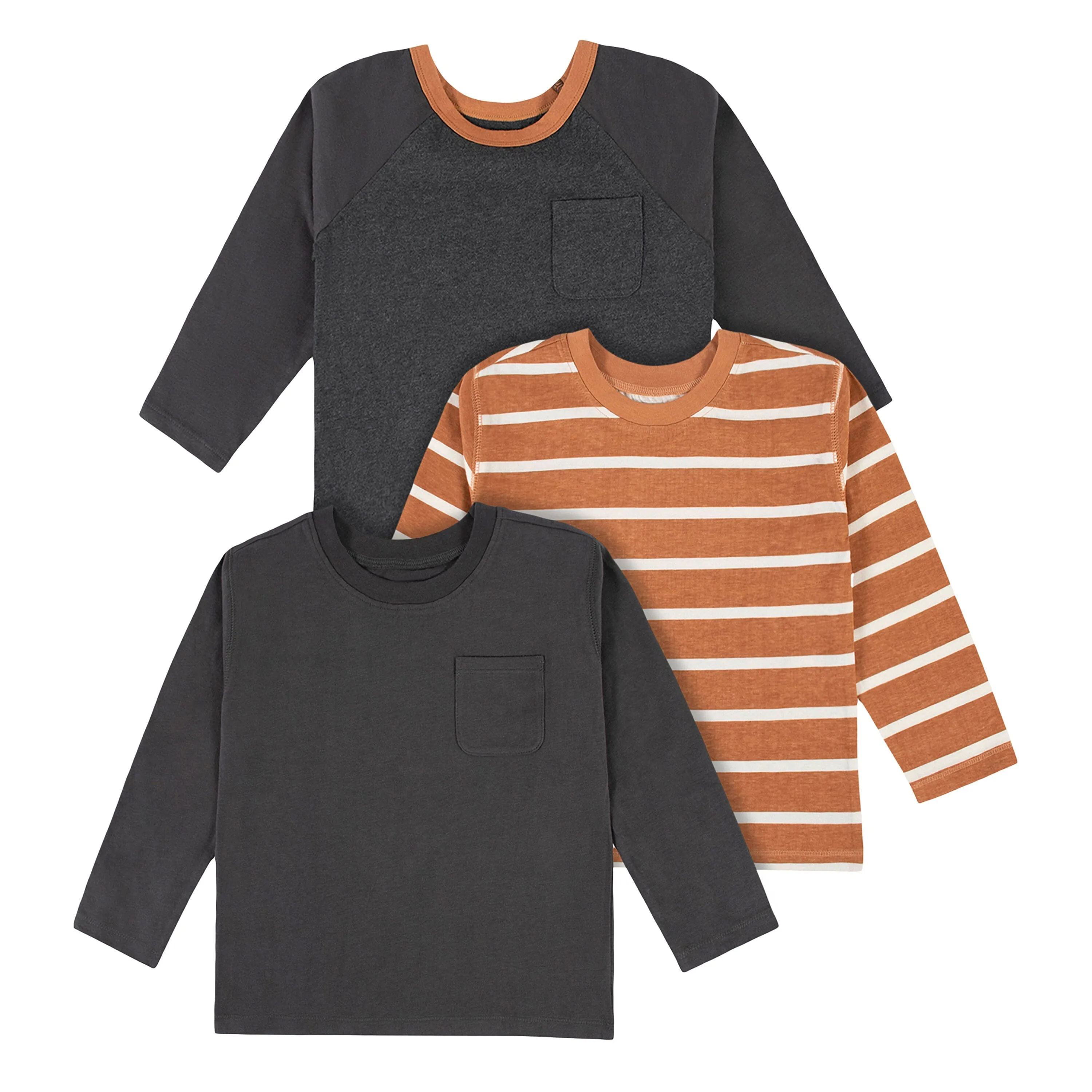 3-Pack Infant & Toddler Boys Gray & Orange Long Sleeve Tees