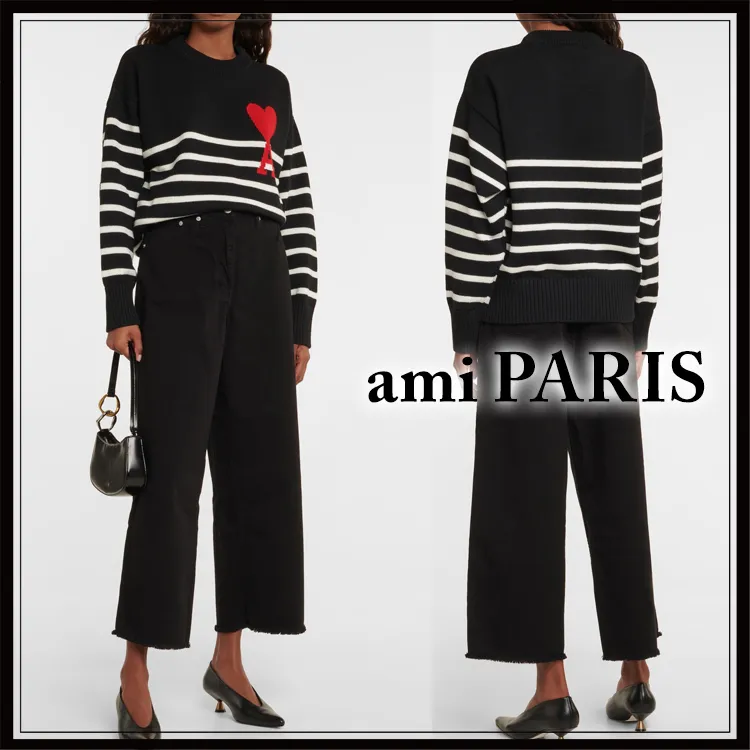 AMI PARIS  |Crew Neck Stripes Casual Style Wool Long Sleeves