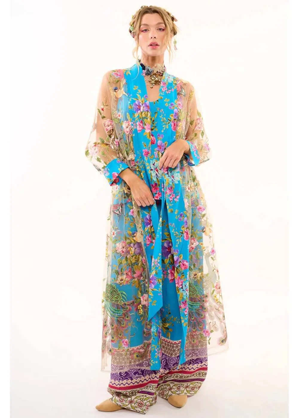 Aratta Garden of Eden Birds Butterfly Mesh Duster Peacock