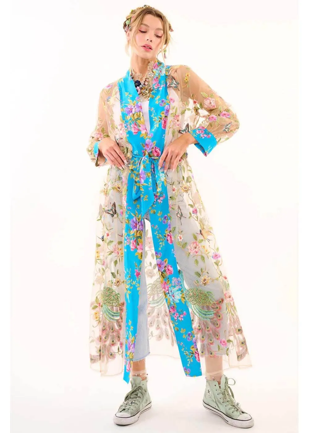 Aratta Garden of Eden Birds Butterfly Mesh Duster Peacock