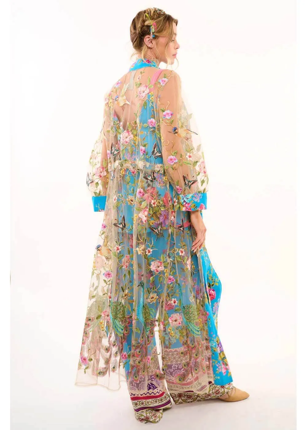 Aratta Garden of Eden Birds Butterfly Mesh Duster Peacock