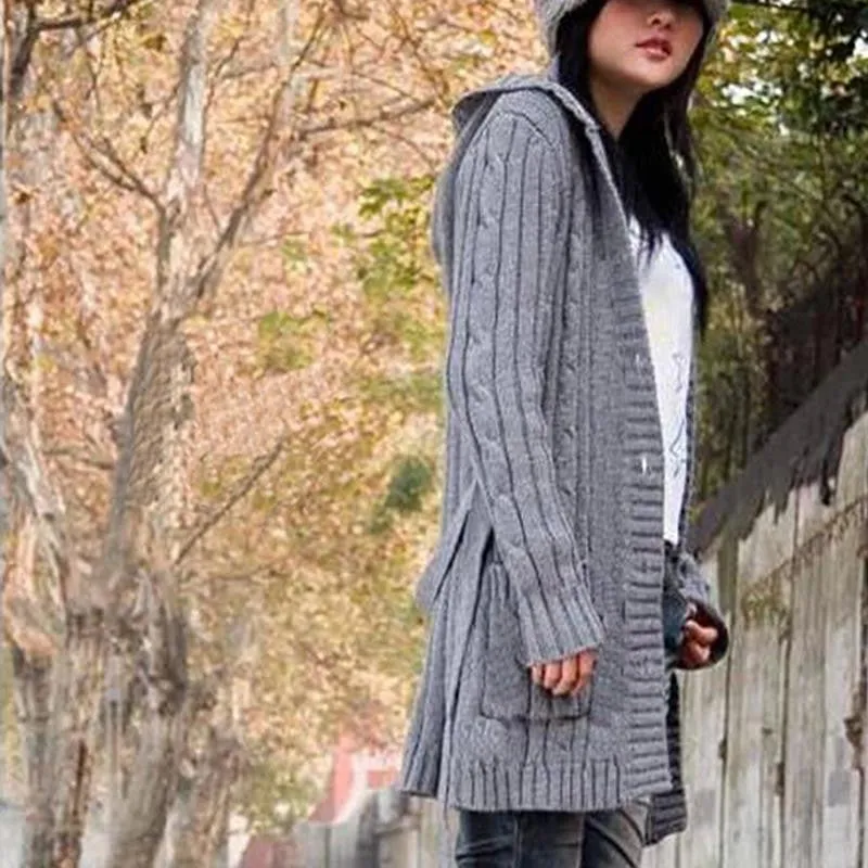 Cardigan Women Full Sleeve Long Loose Knitted Cardigans Hooded Sweater For Young Lady SM6