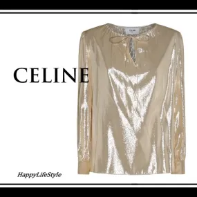 CELINE  |Casual Style Silk Long Sleeves Plain Elegant Style Metallic