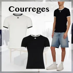 Courreges  |Bi-color Plain Cotton Short Sleeves Logo T-Shirts