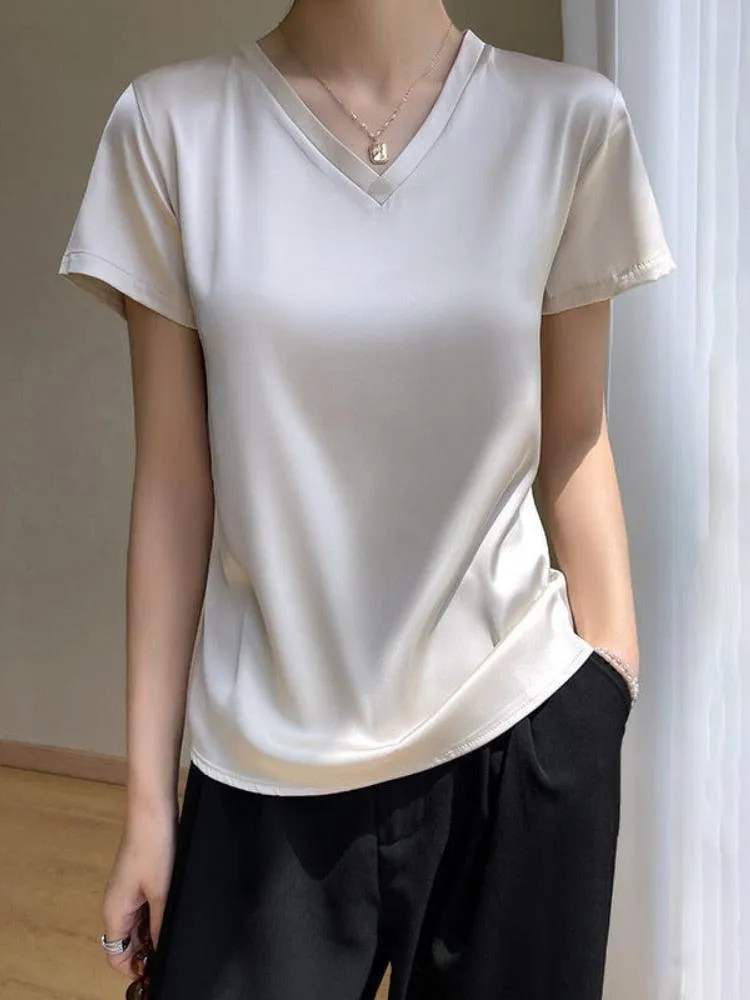 Elegant Satin Silk Top - V-Neck and Short Sleeves, Thin Shirt Design