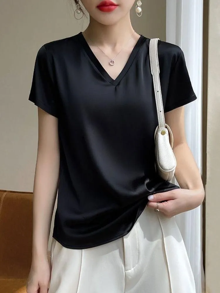 Elegant Satin Silk Top - V-Neck and Short Sleeves, Thin Shirt Design