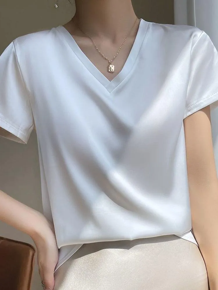 Elegant Satin Silk Top - V-Neck and Short Sleeves, Thin Shirt Design