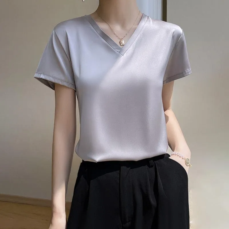 Elegant Satin Silk Top - V-Neck and Short Sleeves, Thin Shirt Design