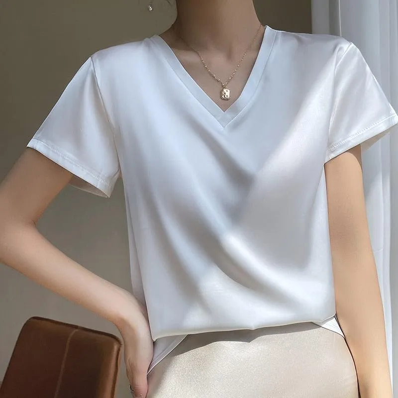 Elegant Satin Silk Top - V-Neck and Short Sleeves, Thin Shirt Design