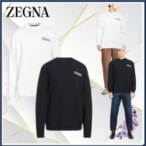 Ermenegildo Zegna  |Crew Neck Long Sleeves Plain Cotton Oversized Logo Luxury