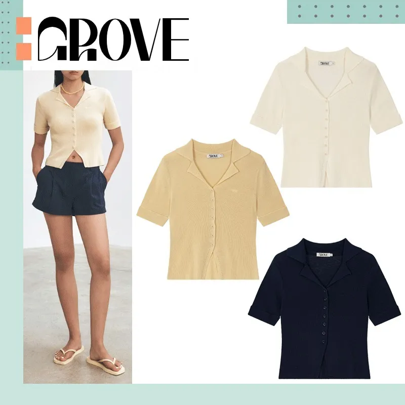 GROVE  |Street Style Plain Short Sleeves Logo Cardigans