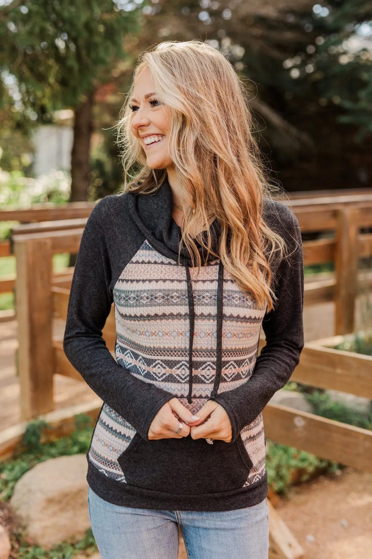 Lovely Wayfarer Aztec Cowl Neck Sweatshirt- Charcoal, Ivory, & Peach