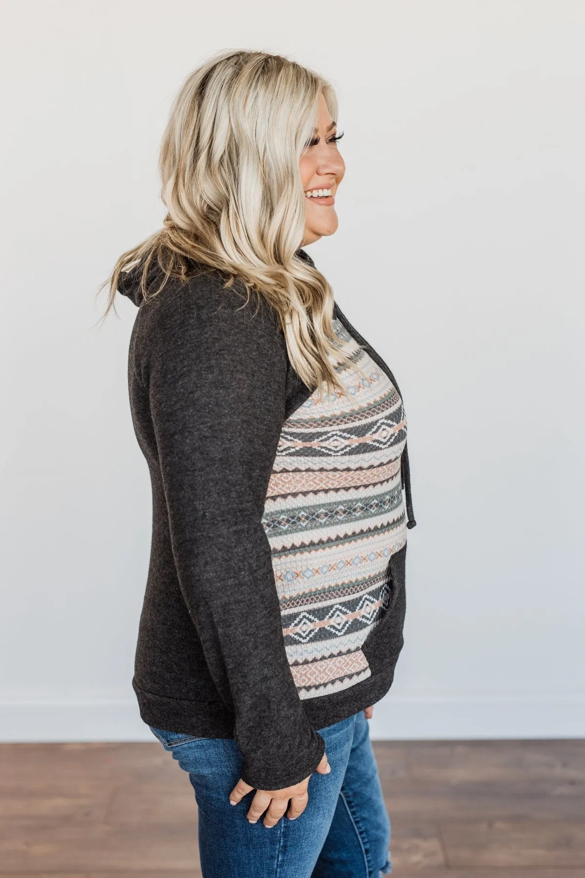 Lovely Wayfarer Aztec Cowl Neck Sweatshirt- Charcoal, Ivory, & Peach