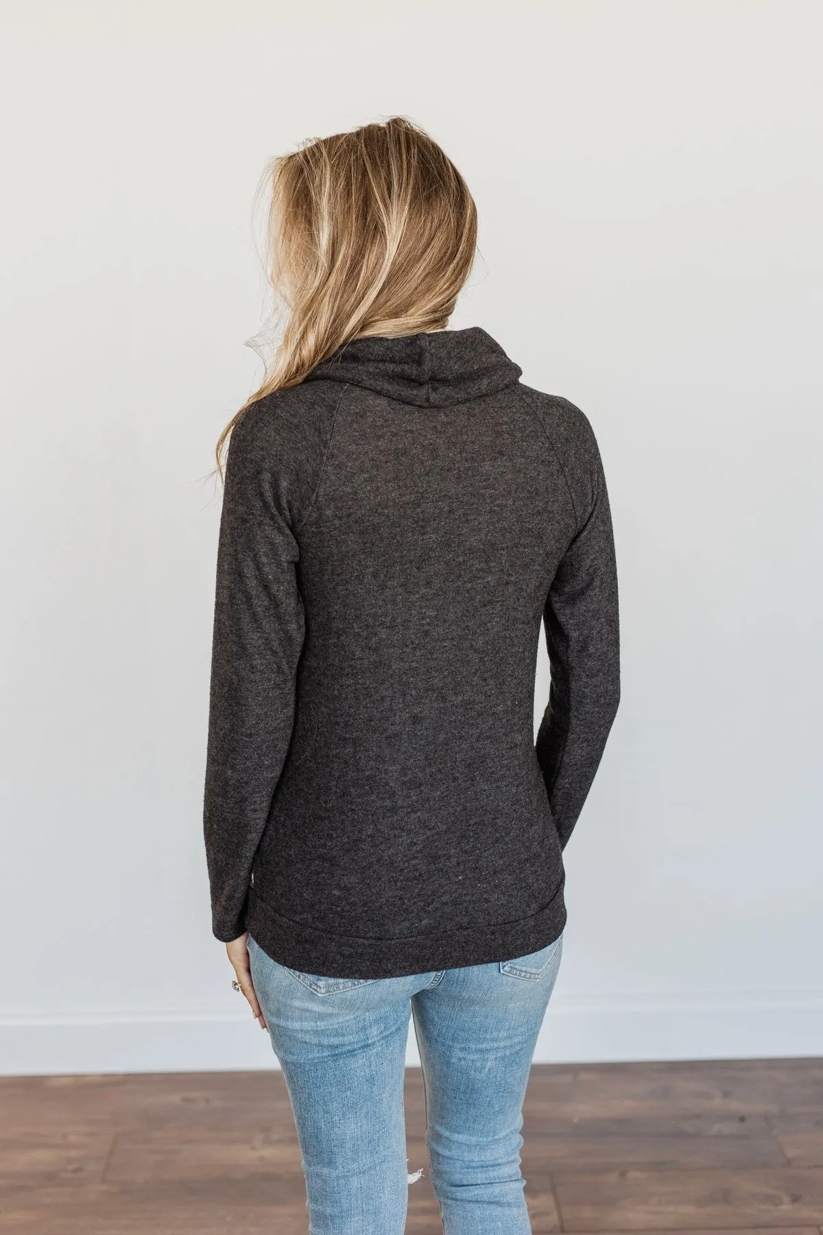 Lovely Wayfarer Aztec Cowl Neck Sweatshirt- Charcoal, Ivory, & Peach