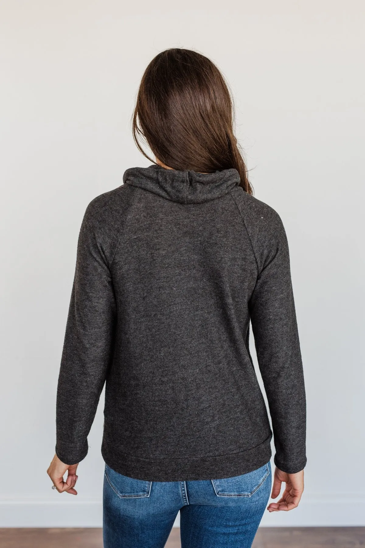 Lovely Wayfarer Aztec Cowl Neck Sweatshirt- Charcoal, Ivory, & Peach