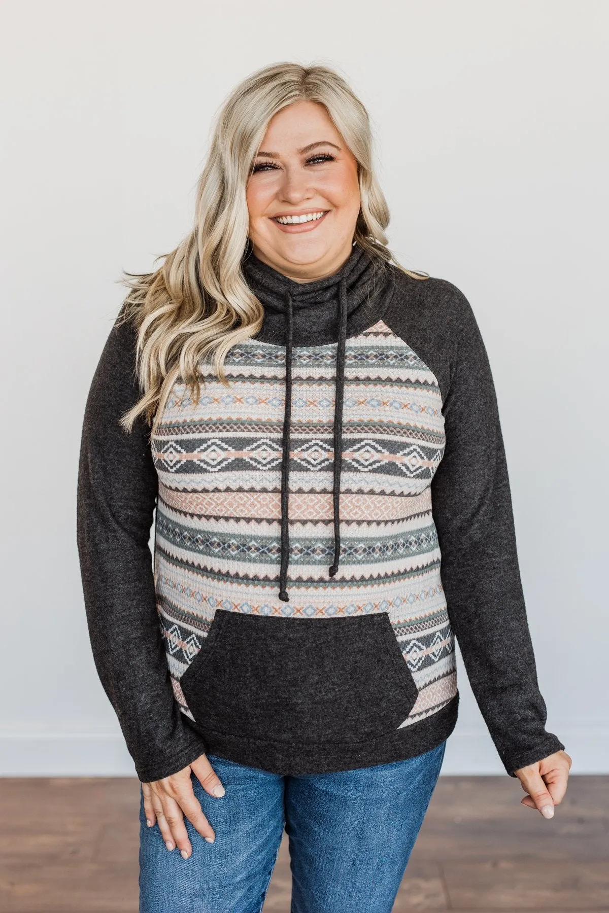 Lovely Wayfarer Aztec Cowl Neck Sweatshirt- Charcoal, Ivory, & Peach