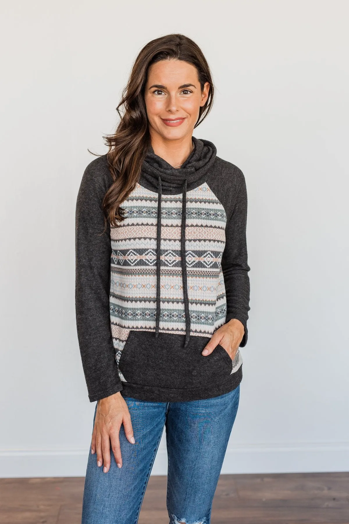 Lovely Wayfarer Aztec Cowl Neck Sweatshirt- Charcoal, Ivory, & Peach