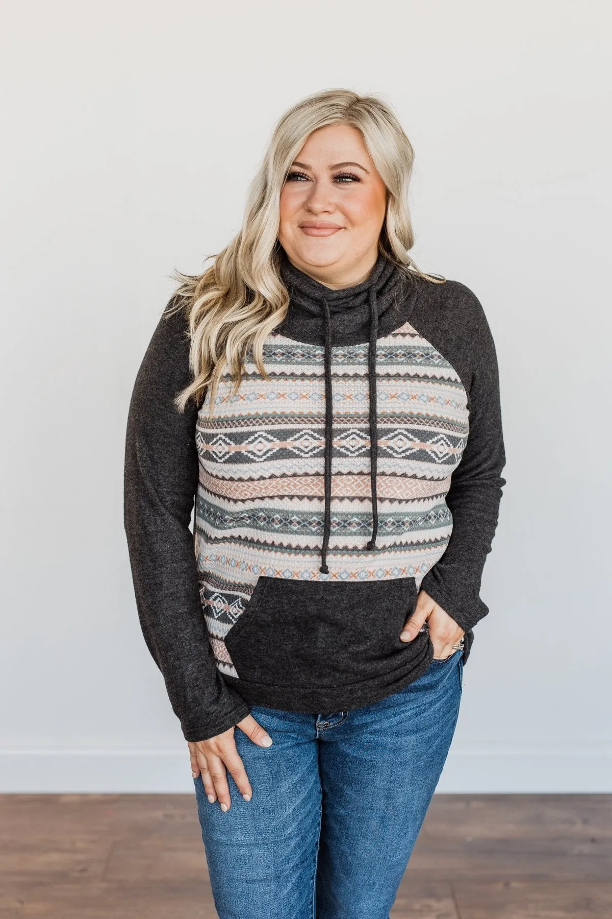 Lovely Wayfarer Aztec Cowl Neck Sweatshirt- Charcoal, Ivory, & Peach