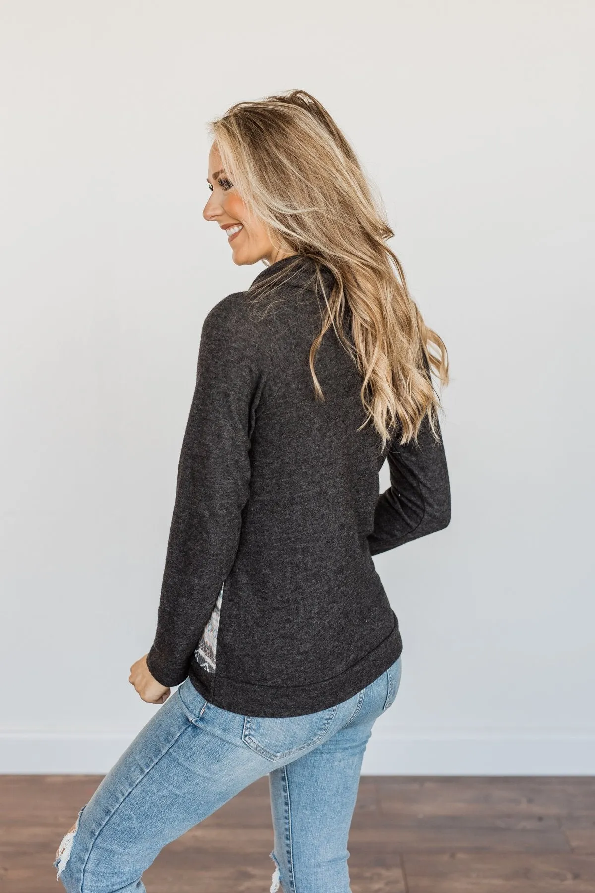 Lovely Wayfarer Aztec Cowl Neck Sweatshirt- Charcoal, Ivory, & Peach