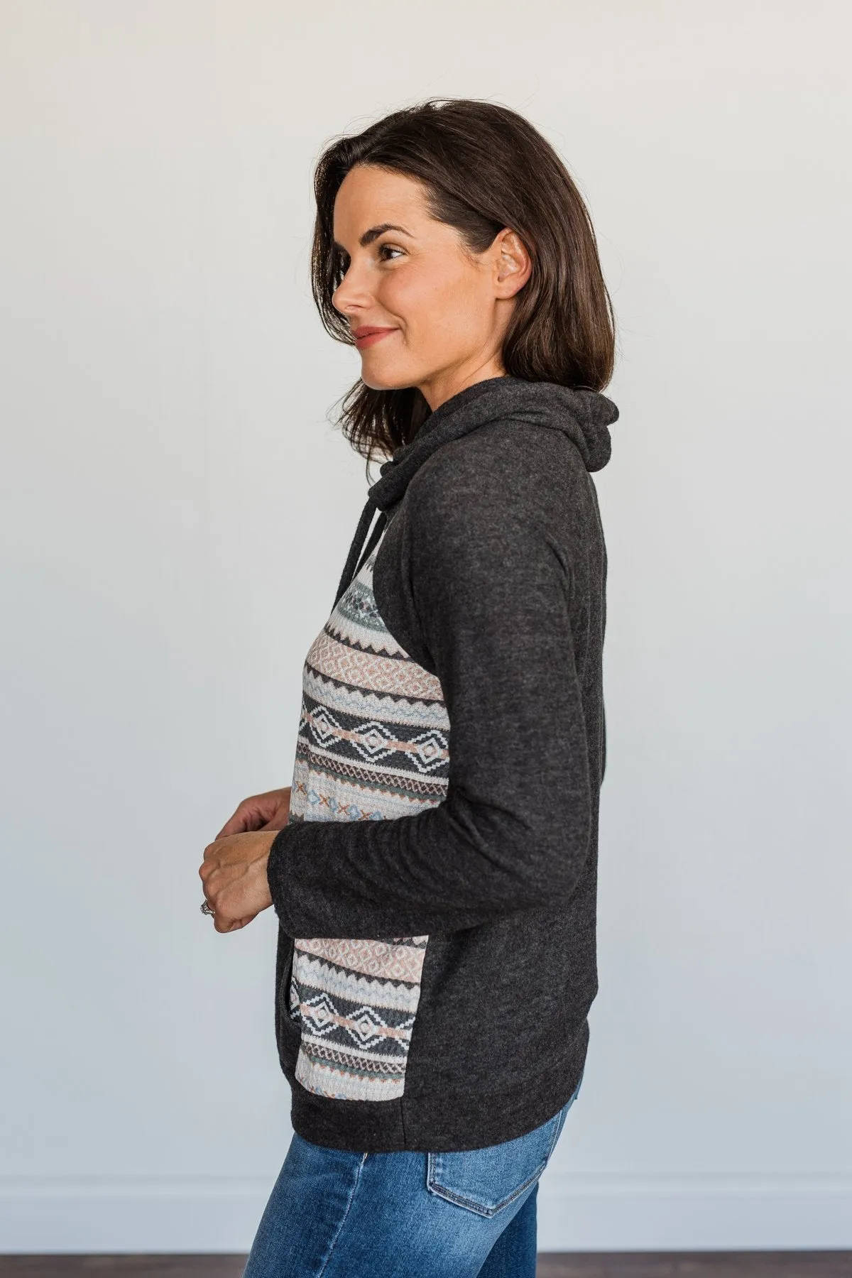 Lovely Wayfarer Aztec Cowl Neck Sweatshirt- Charcoal, Ivory, & Peach