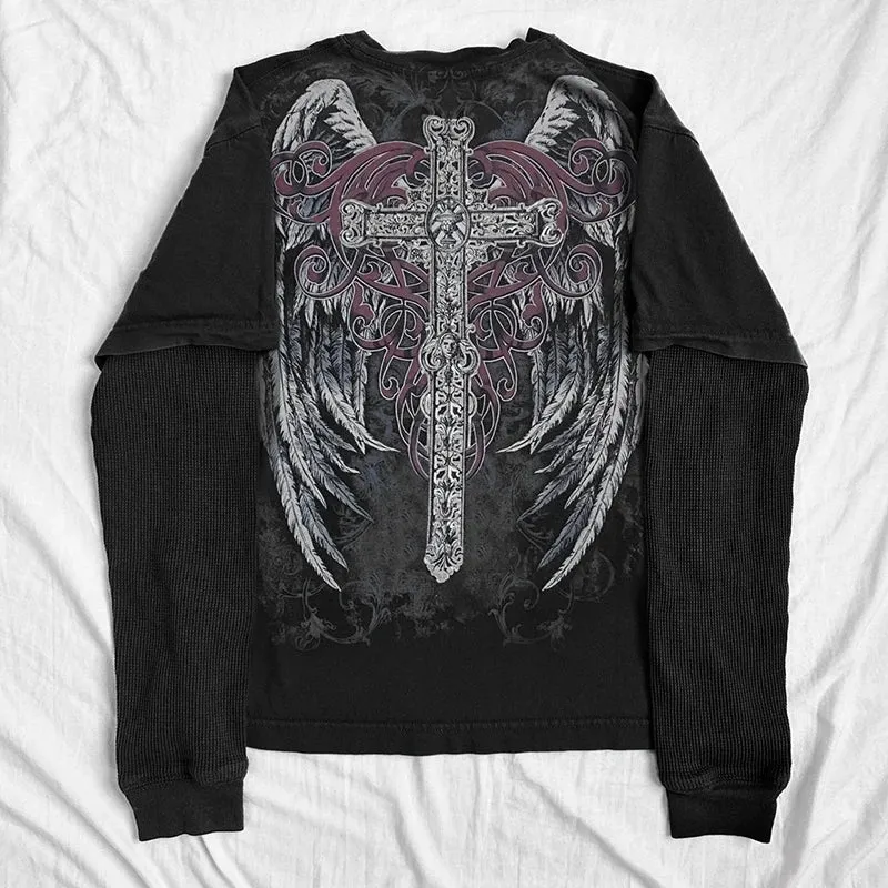 Maemukilabe E-girl Coss Wings Print T-shirt Skull Graphic Long Sleeve Tees Cyber Grunge Y2K 00s Vintage Baggy Top Gothic Clothes