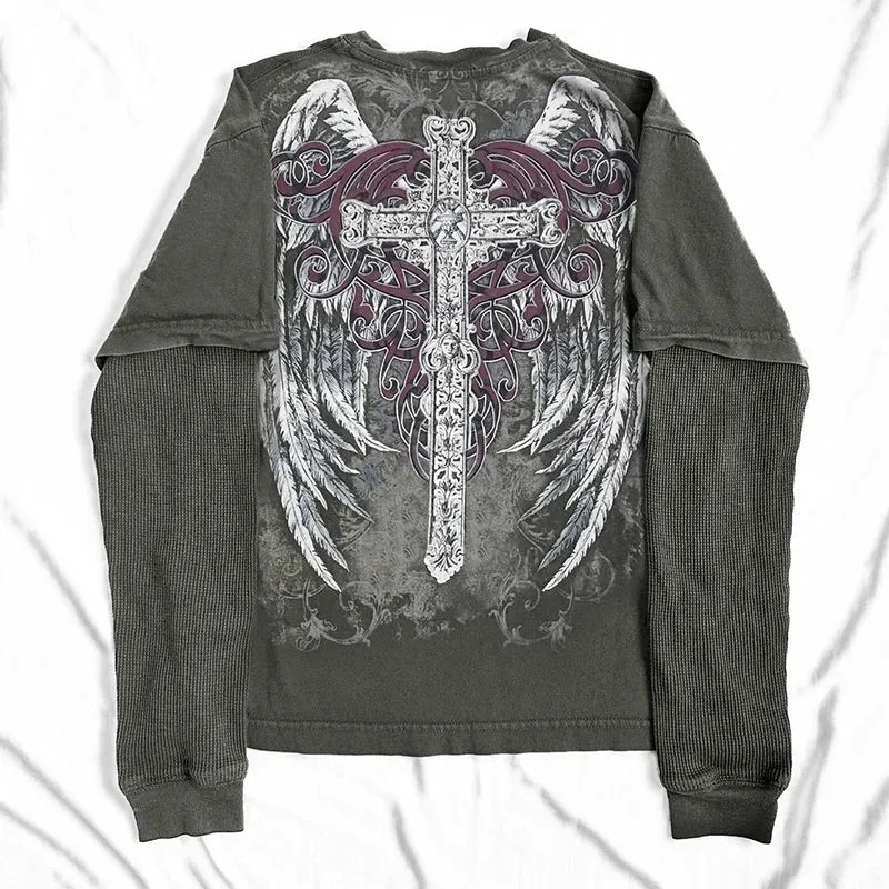 Maemukilabe E-girl Coss Wings Print T-shirt Skull Graphic Long Sleeve Tees Cyber Grunge Y2K 00s Vintage Baggy Top Gothic Clothes