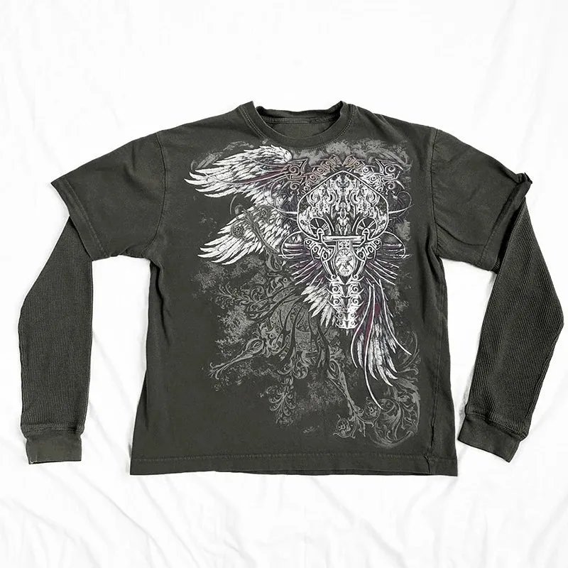 Maemukilabe E-girl Coss Wings Print T-shirt Skull Graphic Long Sleeve Tees Cyber Grunge Y2K 00s Vintage Baggy Top Gothic Clothes