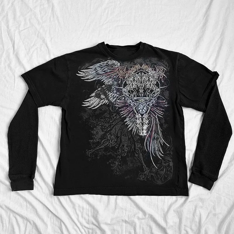 Maemukilabe E-girl Coss Wings Print T-shirt Skull Graphic Long Sleeve Tees Cyber Grunge Y2K 00s Vintage Baggy Top Gothic Clothes