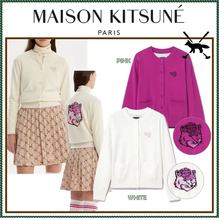 MAISON KITSUNE  |Street Style Long Sleeves Plain Logo Cardigans