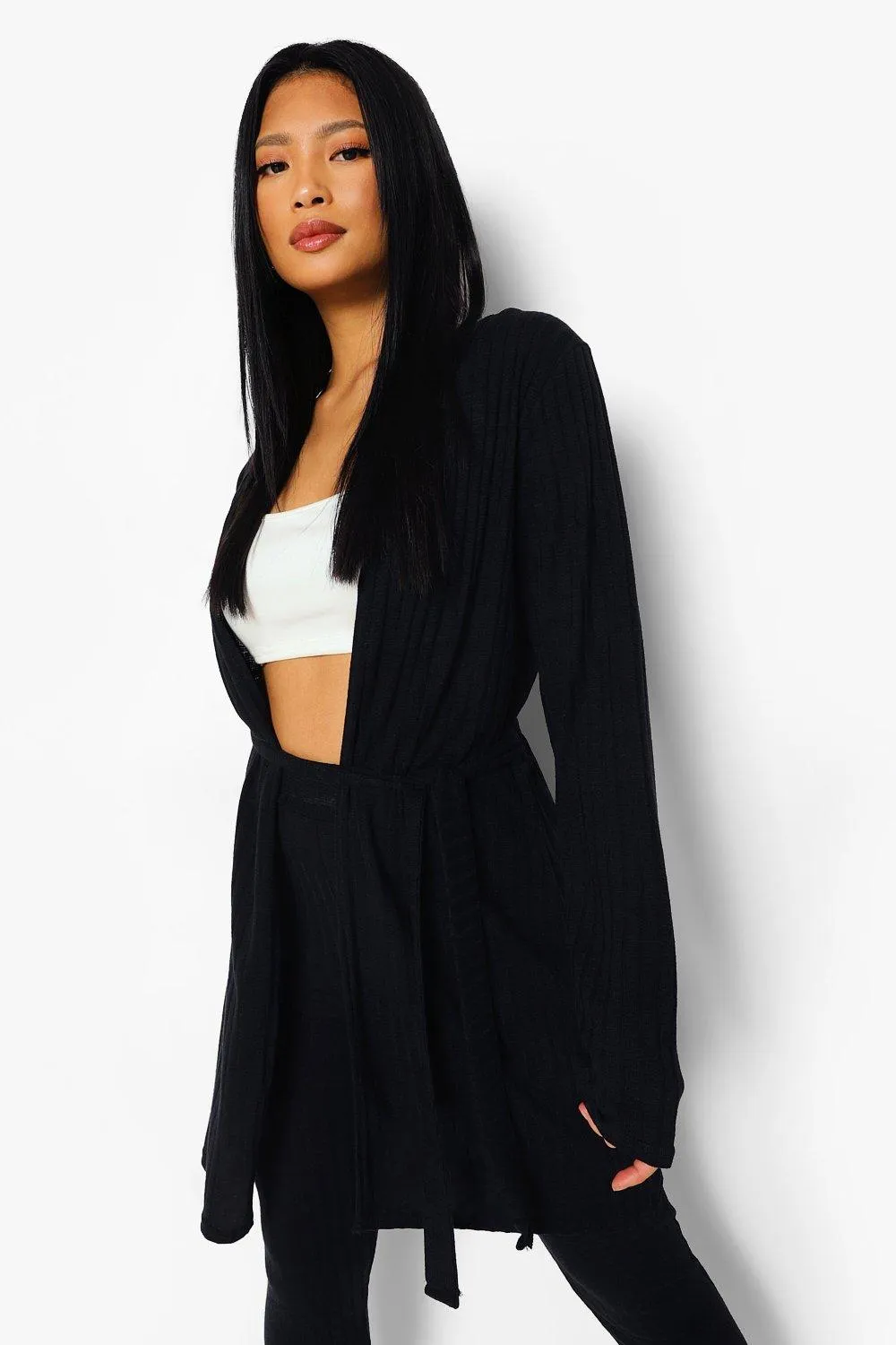 Petite Soft Knitted Rib Belted Cardigan