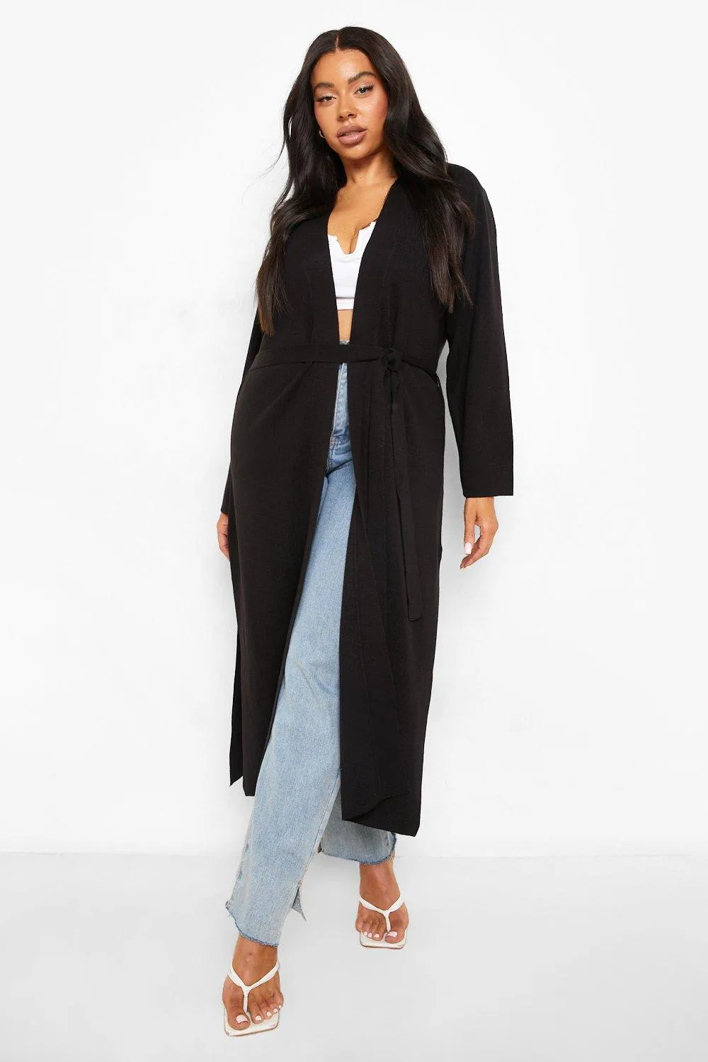 Plus Knitted Fine Gauge Belted Maxi Cardigan