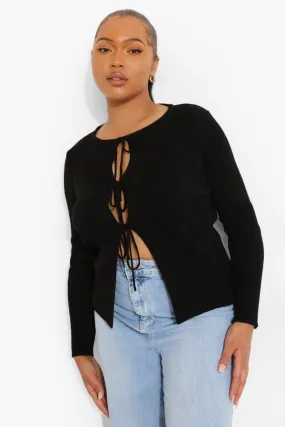 Plus Knitted Lace Up Cardigan