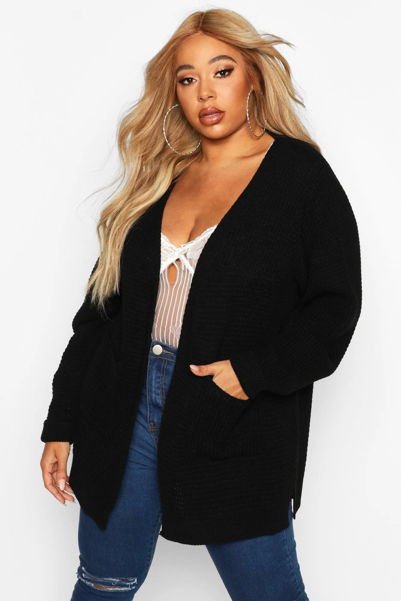 Plus Waffle Knitted Chunky Oversized Cardigan