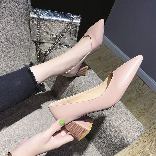 Pointy-Toe Plain Chunky Heel Pumps cc21