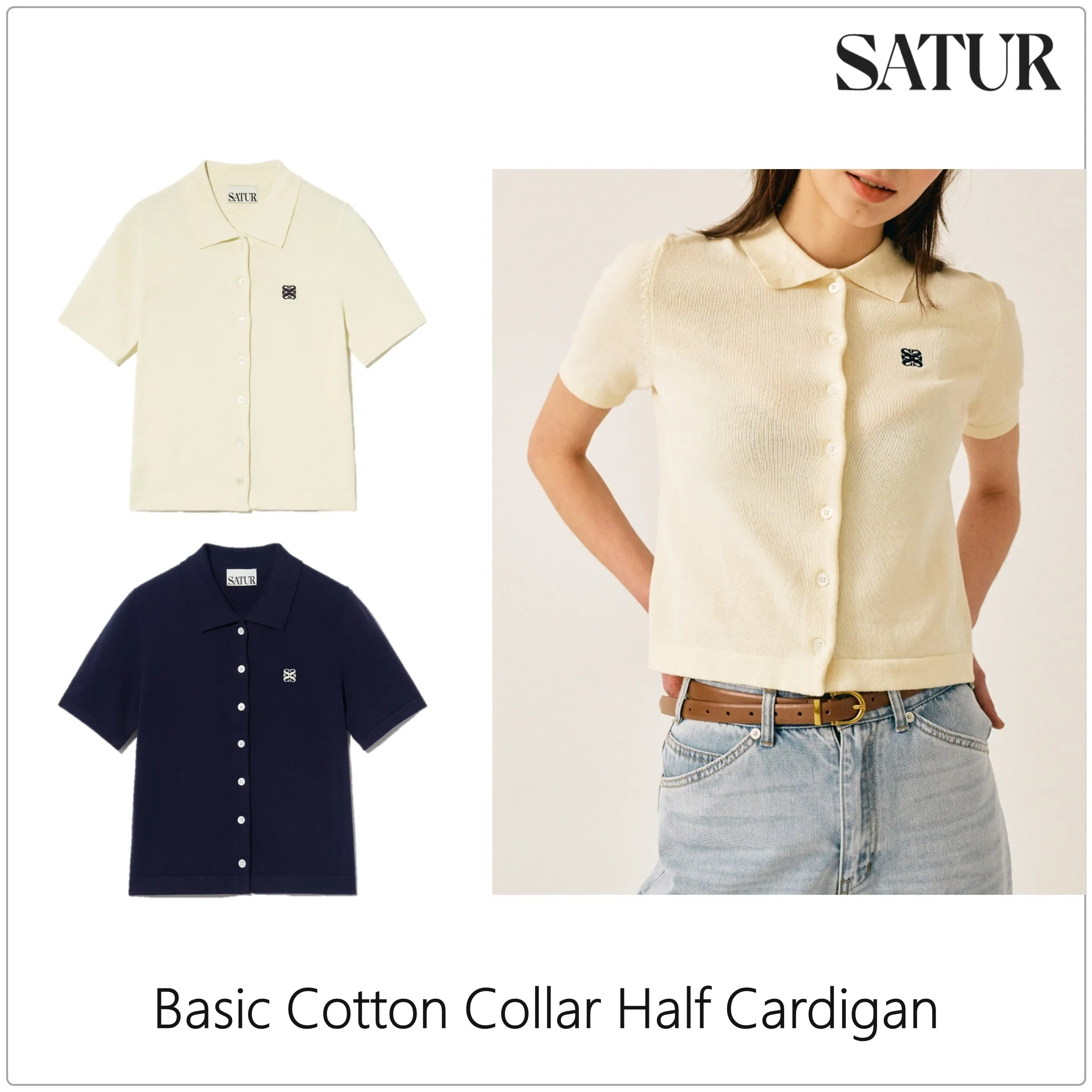 SATUR  |Street Style Plain Cotton Short Sleeves Logo Cardigans