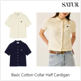 SATUR  |Street Style Plain Cotton Short Sleeves Logo Cardigans