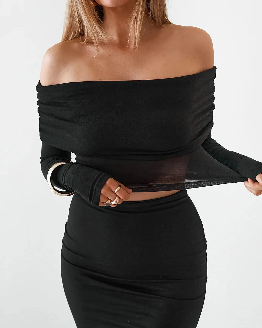 Sheer Long Sleeve Top - Black