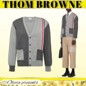 THOM BROWNE  |Stripes Plain Cotton Logo Designers Cardigans