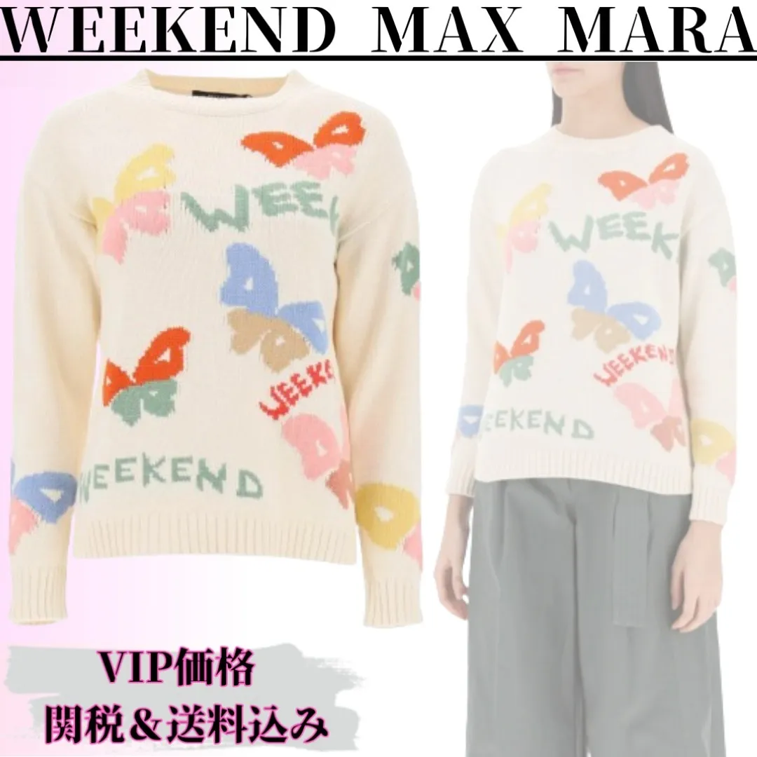 Weekend Max Mara  |Crew Neck Rib Long Sleeves Cotton Logo V-neck & Crew neck