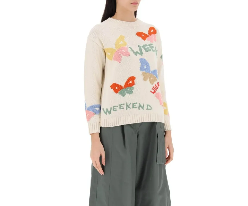 Weekend Max Mara  |Crew Neck Rib Long Sleeves Cotton Logo V-neck & Crew neck