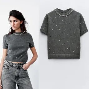 ZARA  |Casual Style Short Sleeves Elegant Style V-neck & Crew neck